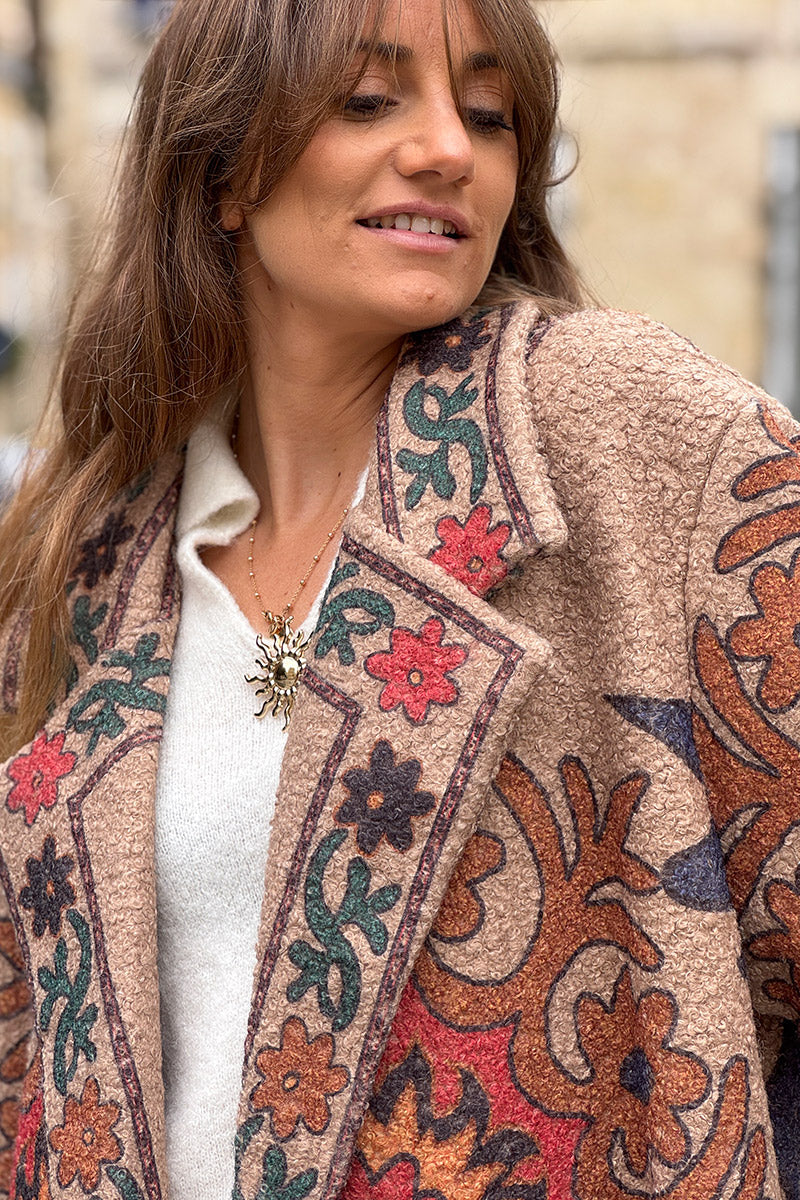 Taupe Boho Scroll Fleece Duster Jacket
