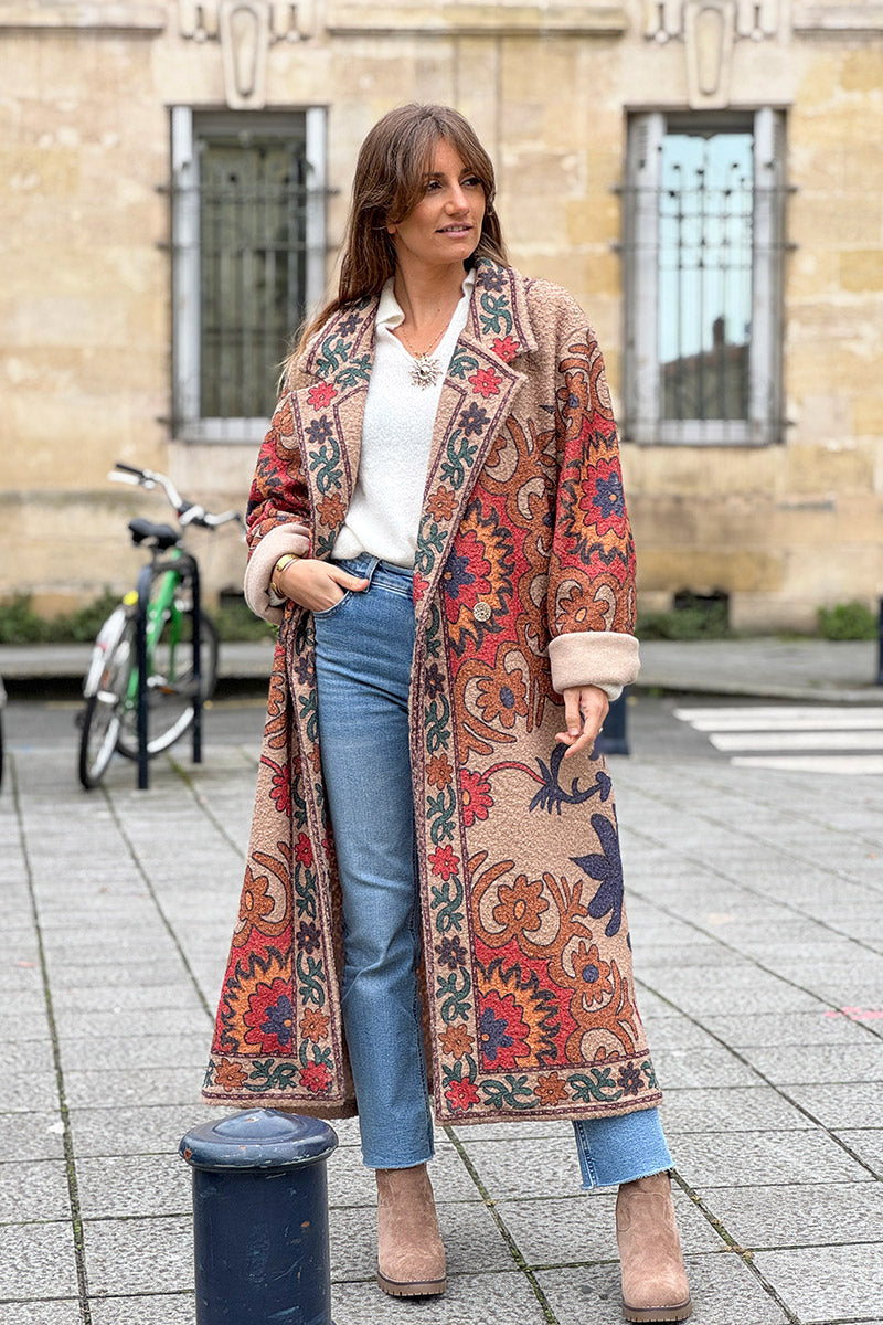 Taupe Boho Scroll Fleece Duster Jacket