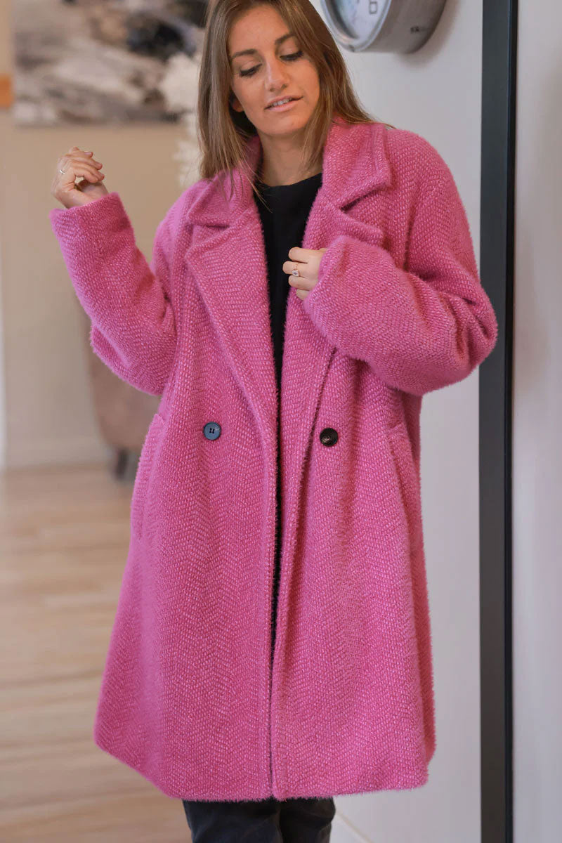 Hot Pink Herringbone Sweater Coat
