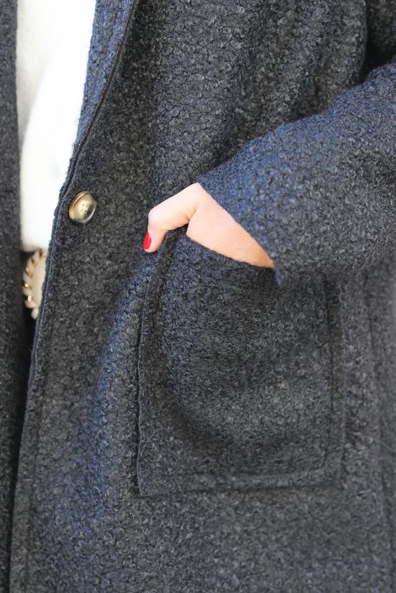 Manteau long noir bouclettes effet laine bouillie