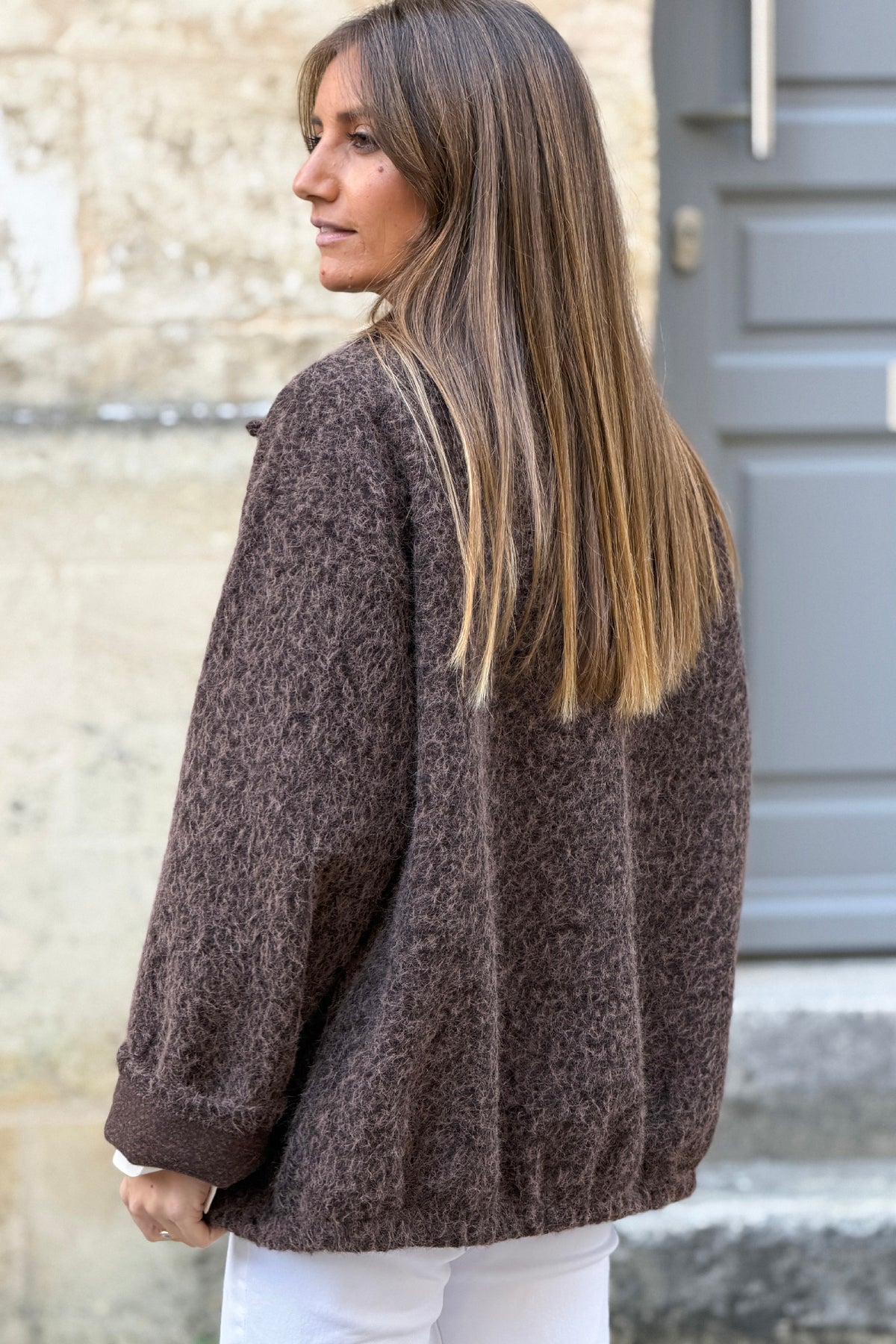 Manteau marron chiné effet bouclettes poches et boutons écaille