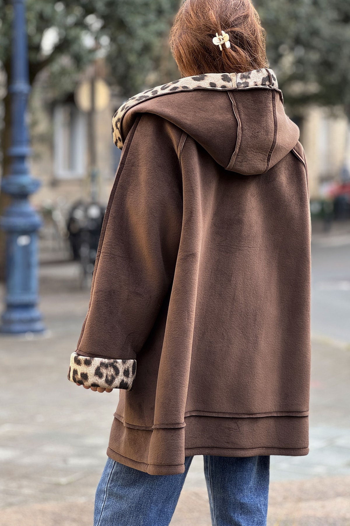 Brown Velvet Hooded Jacket with Leopard Trim