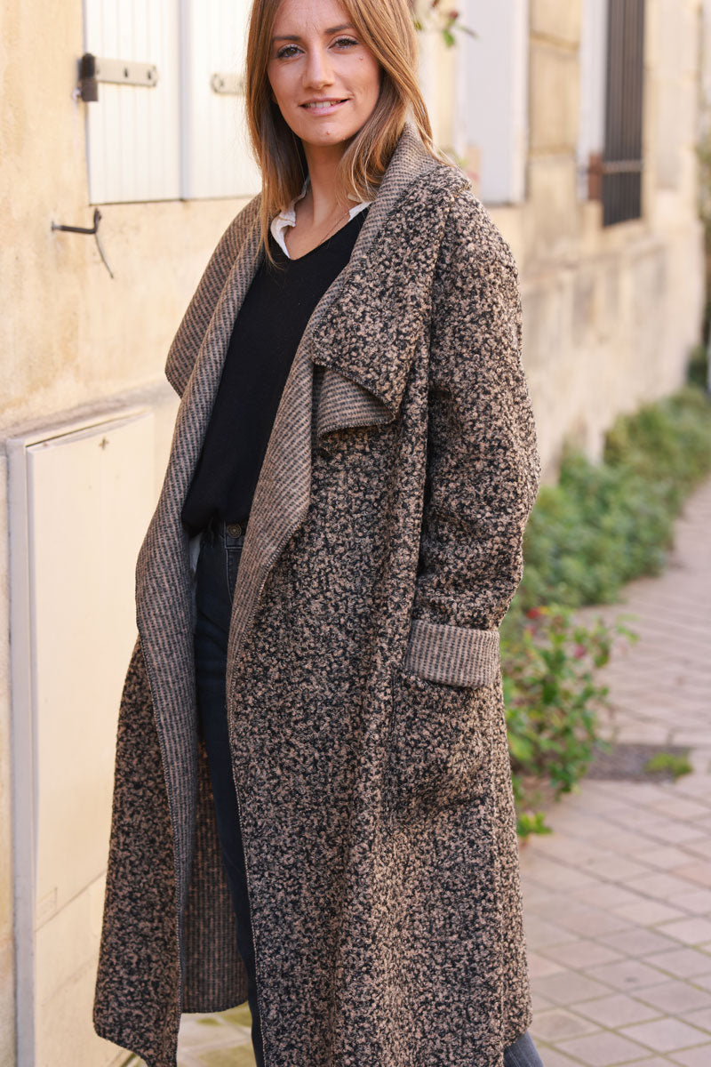 Longline boucle duster coat in Ice brown heather