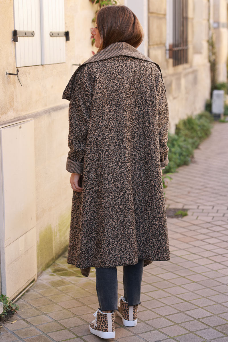 Longline boucle duster coat in Ice brown heather