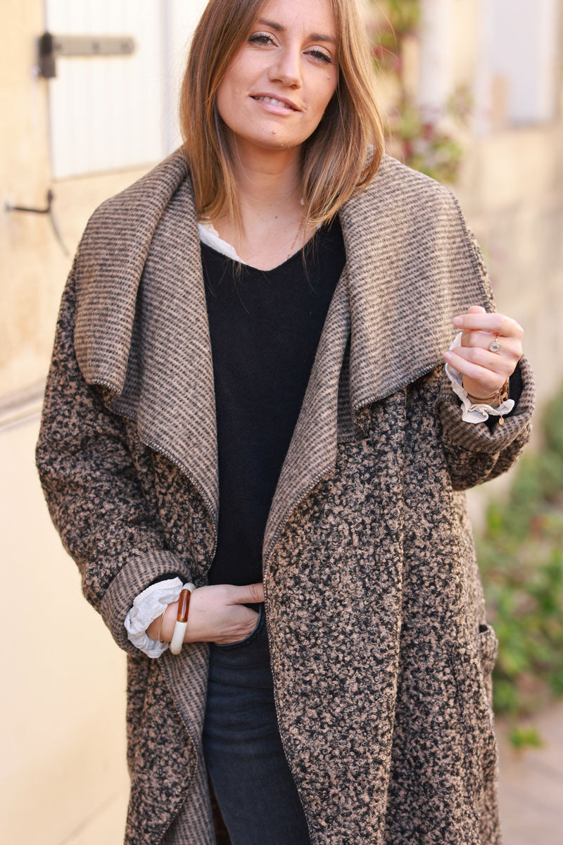 Longline boucle duster coat in Ice brown heather