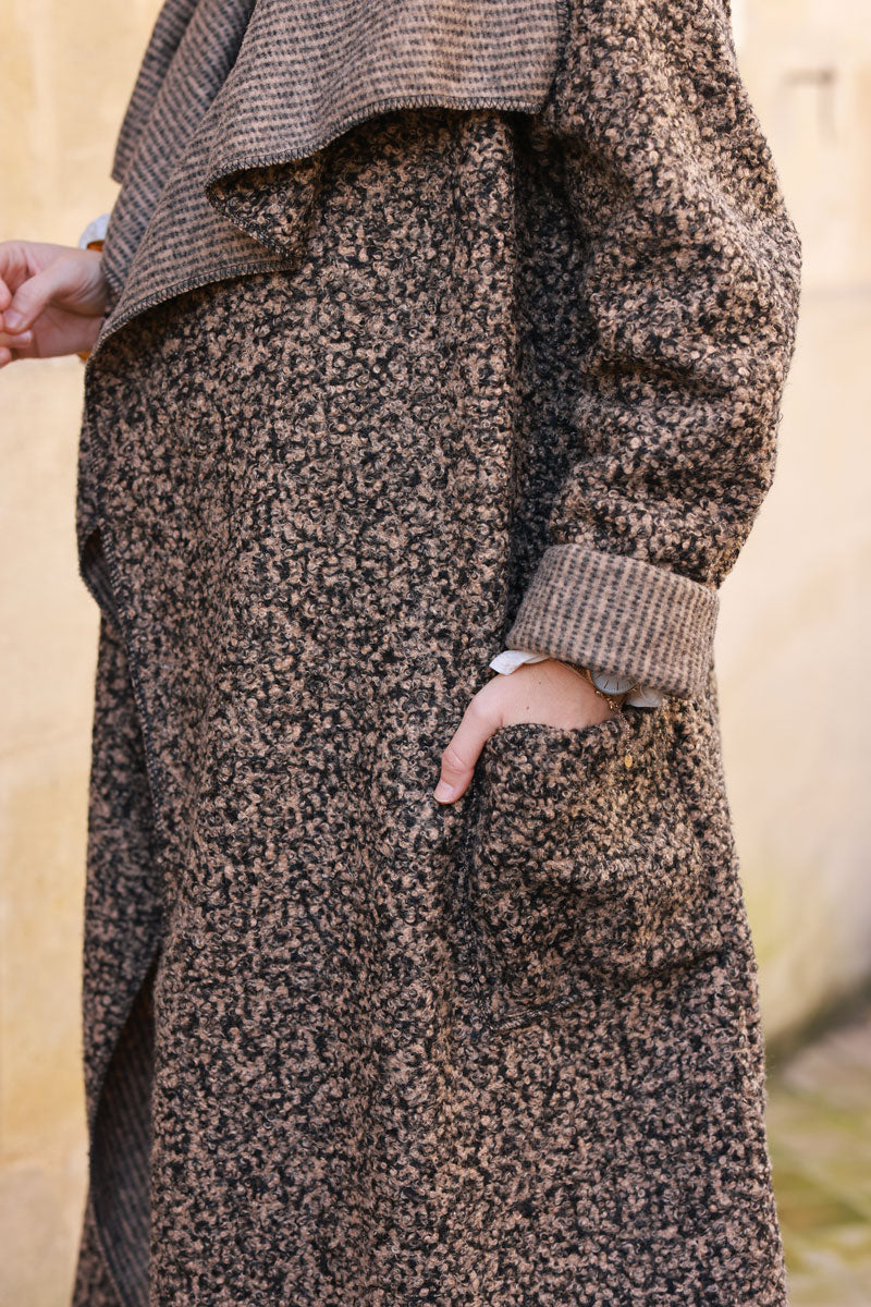 Longline boucle duster coat in Ice brown heather