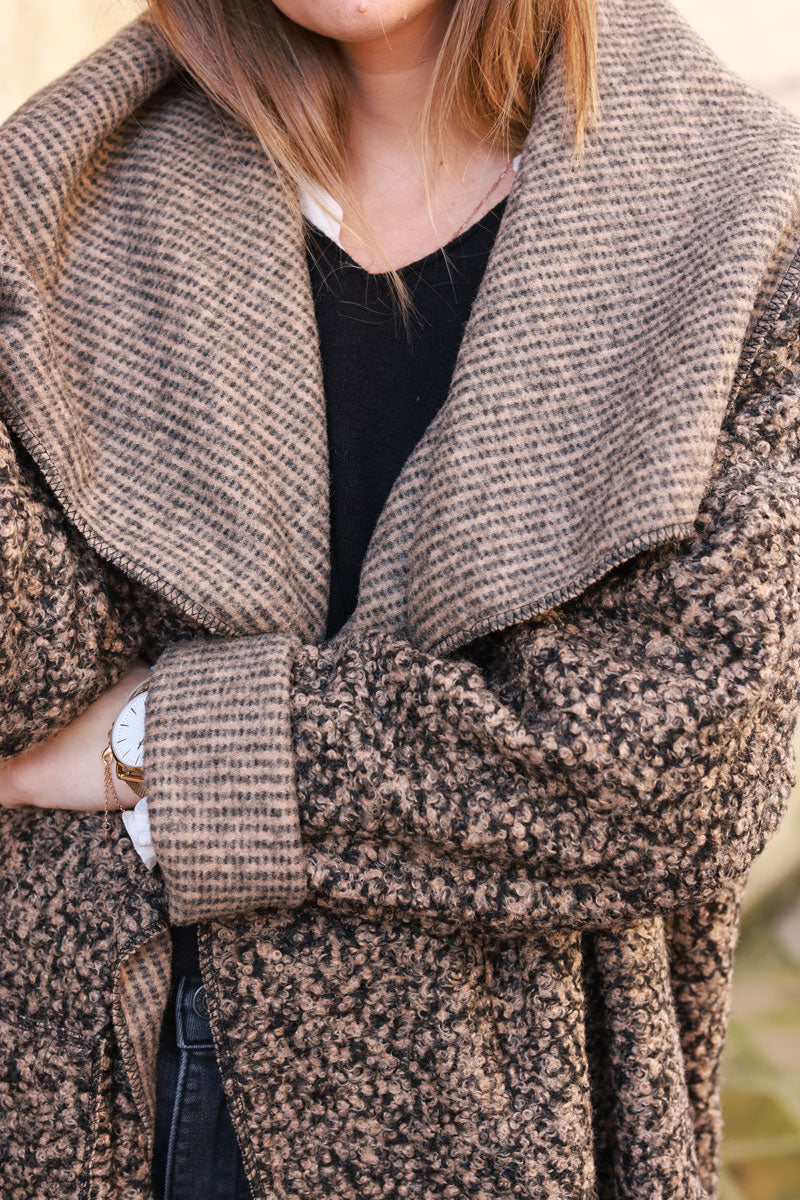 Longline boucle duster coat in Ice brown heather