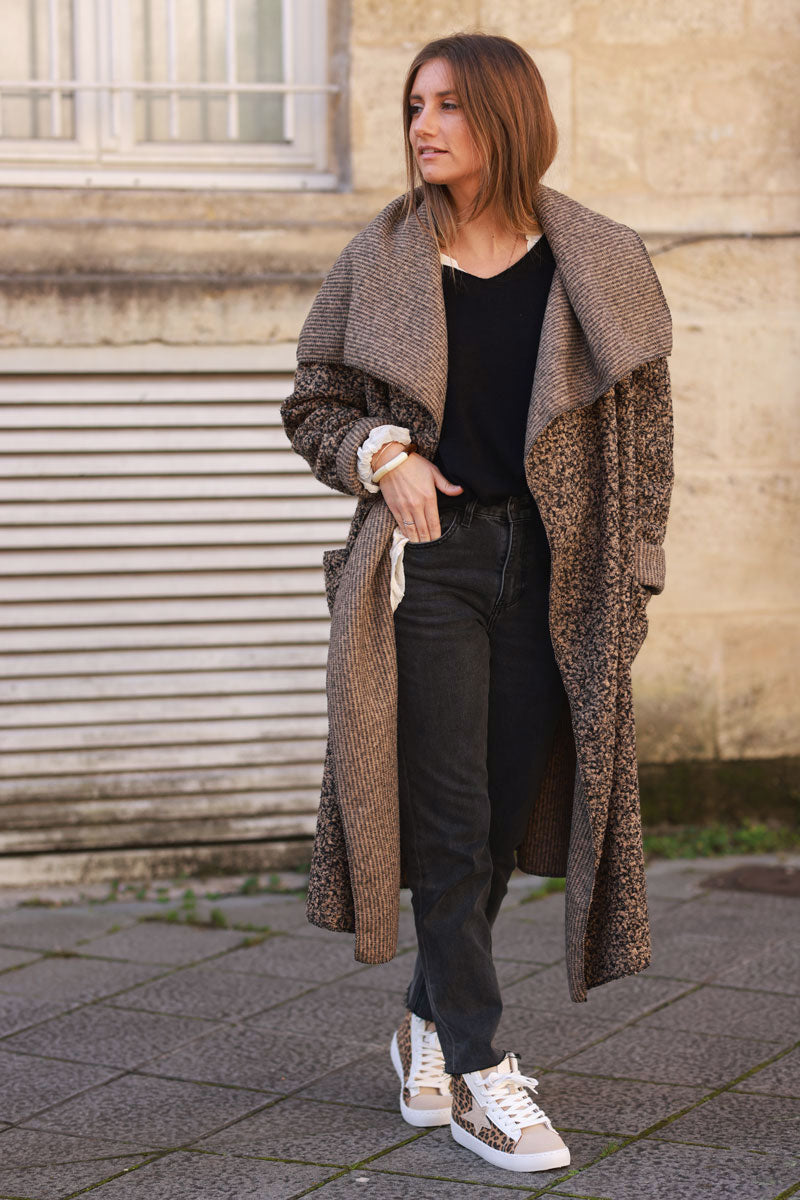 Longline boucle duster coat in Ice brown heather