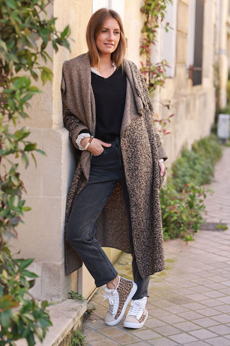 Longline boucle duster coat in Ice brown heather