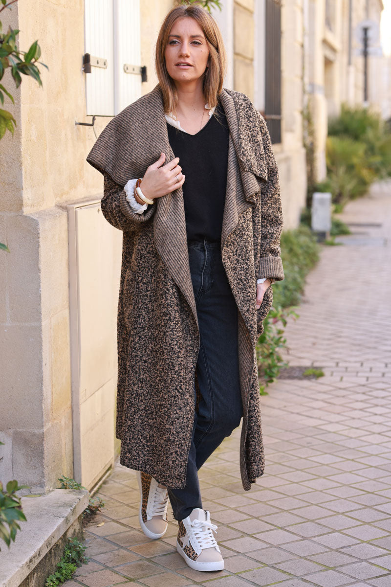 Longline boucle duster coat in Ice brown heather