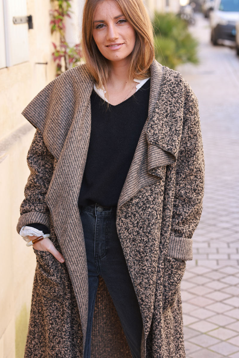 Longline boucle duster coat in Ice brown heather