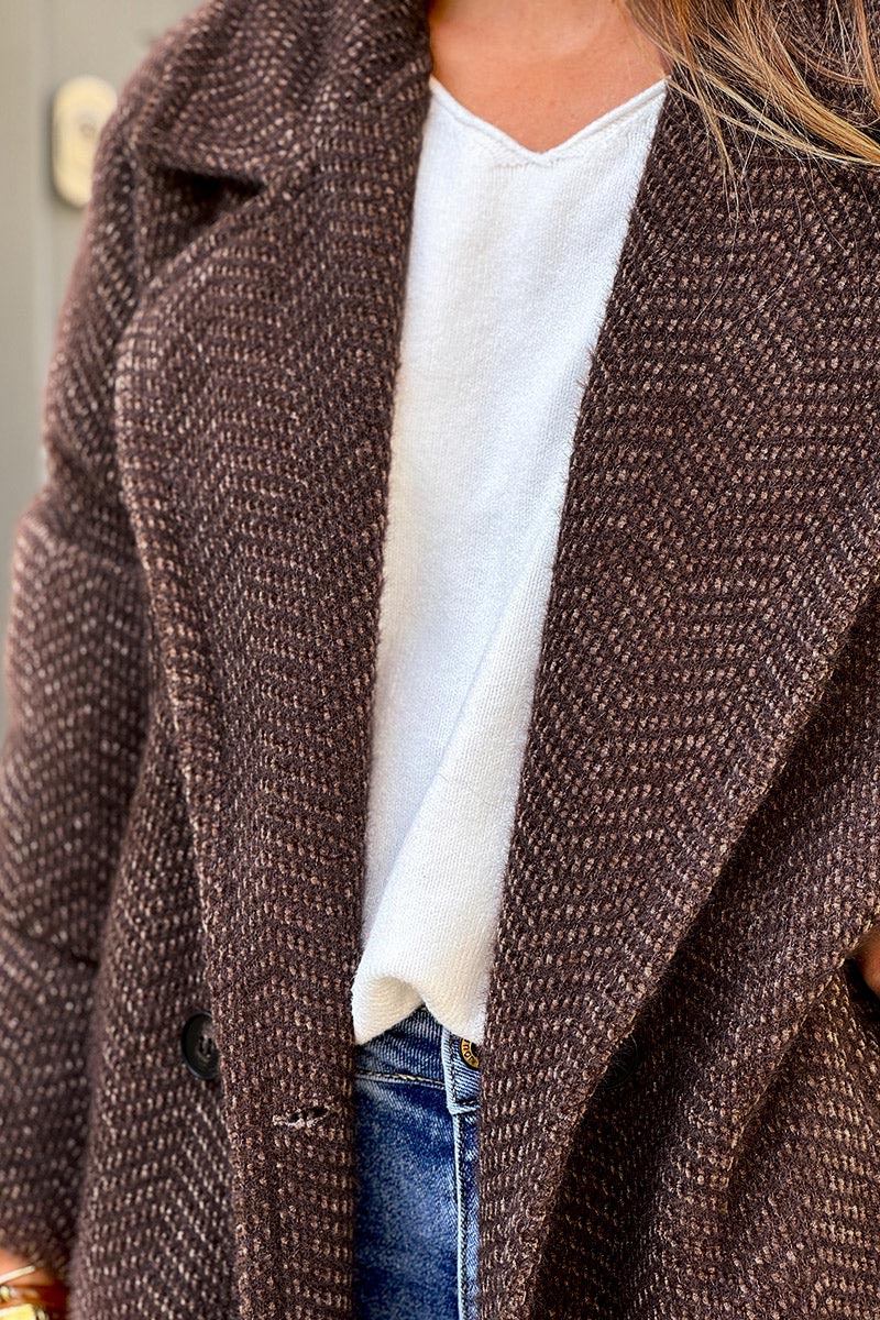 Brown chocolate Herringbone Knit Sweater Coat