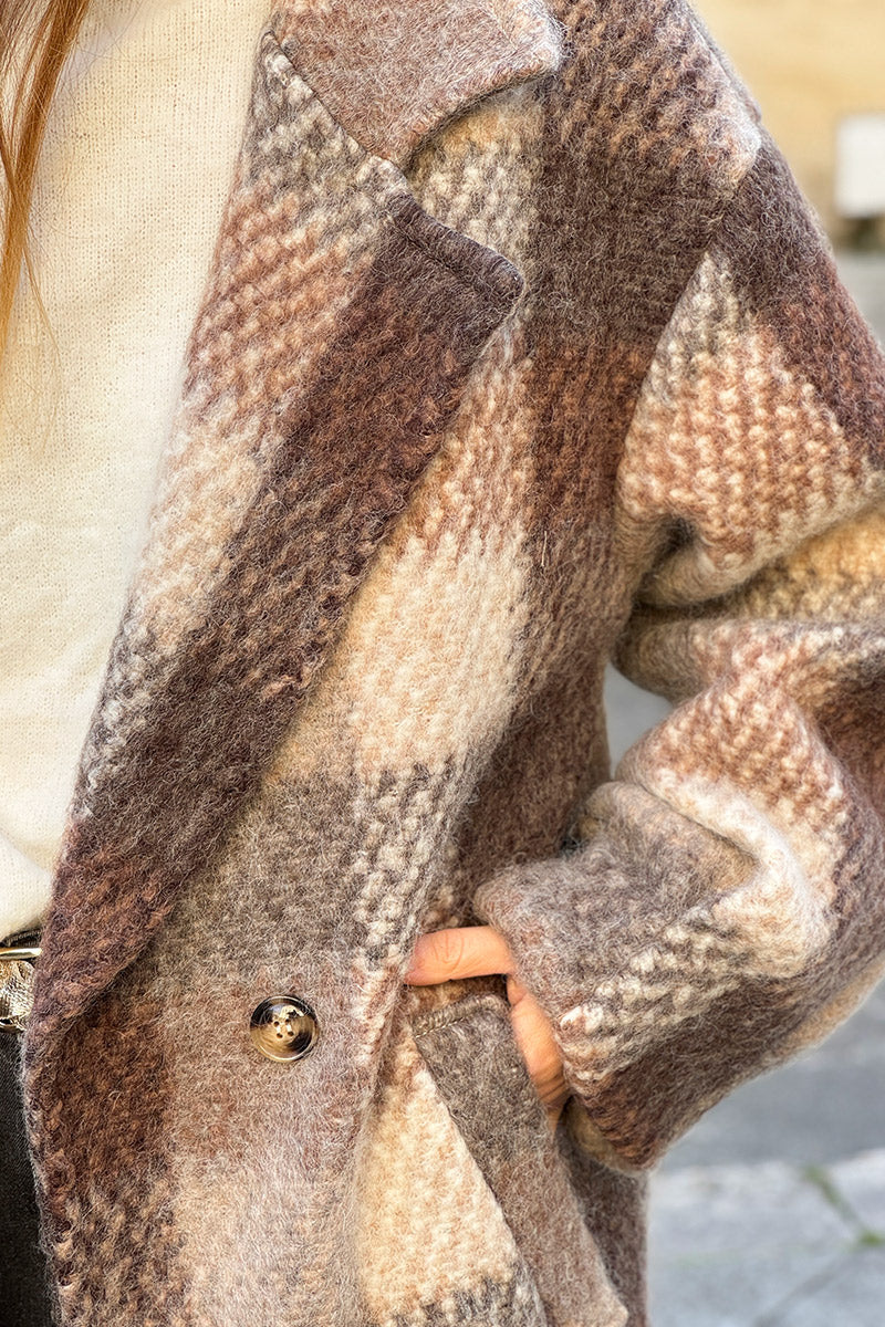 Taupe Boucle Plaid Wool Blend Peacoat