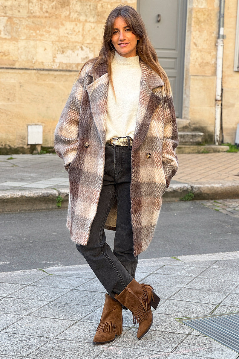 Taupe Boucle Plaid Wool Blend Peacoat