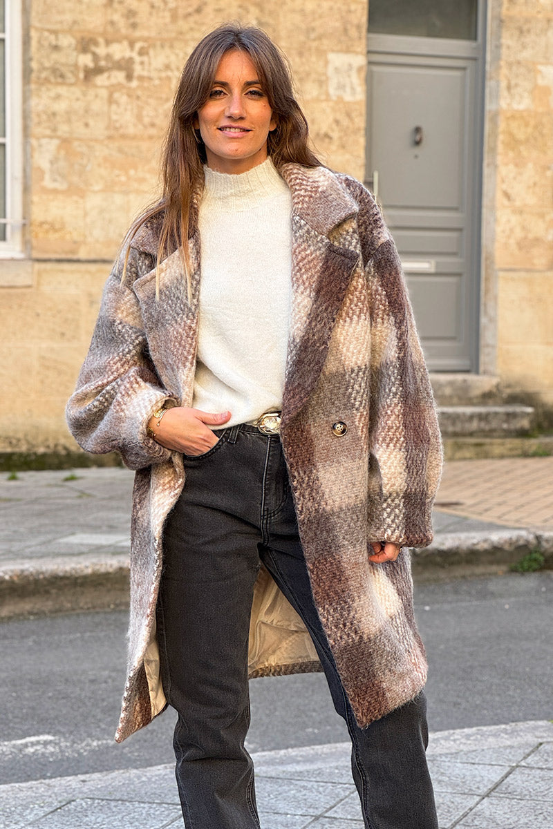 Taupe Boucle Plaid Wool Blend Peacoat