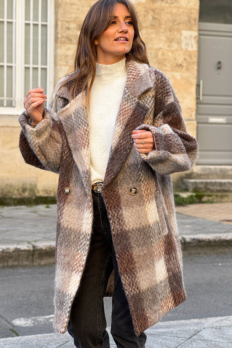Taupe Boucle Plaid Wool Blend Peacoat