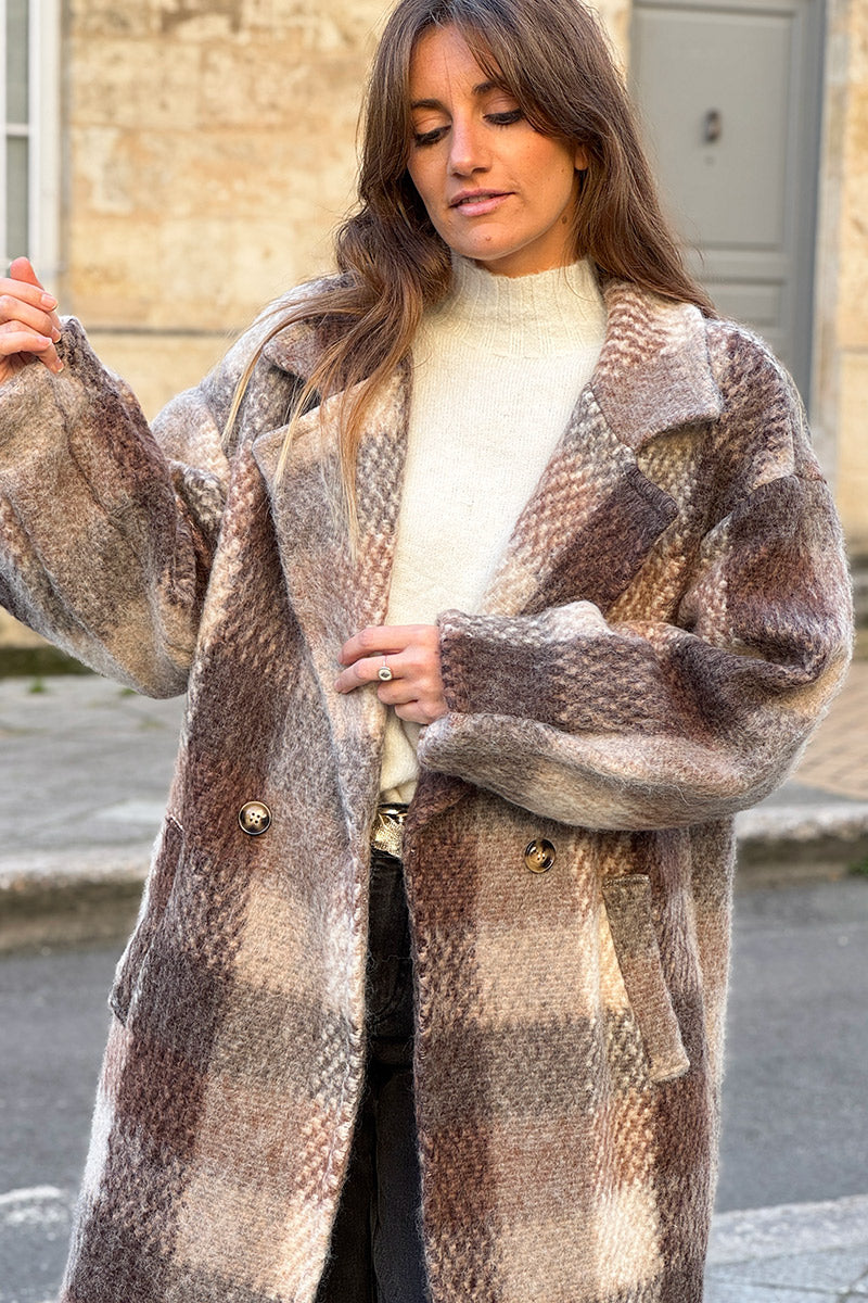 Taupe Boucle Plaid Wool Blend Peacoat