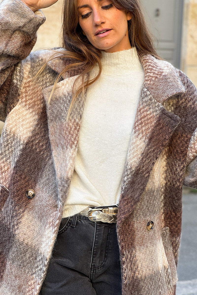 Taupe Boucle Plaid Wool Blend Peacoat