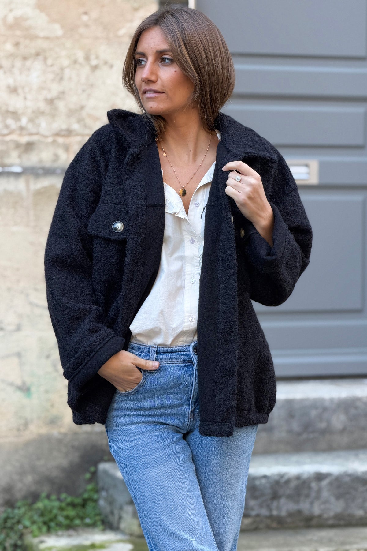 Black Fuzzy Knit Sweater Coat