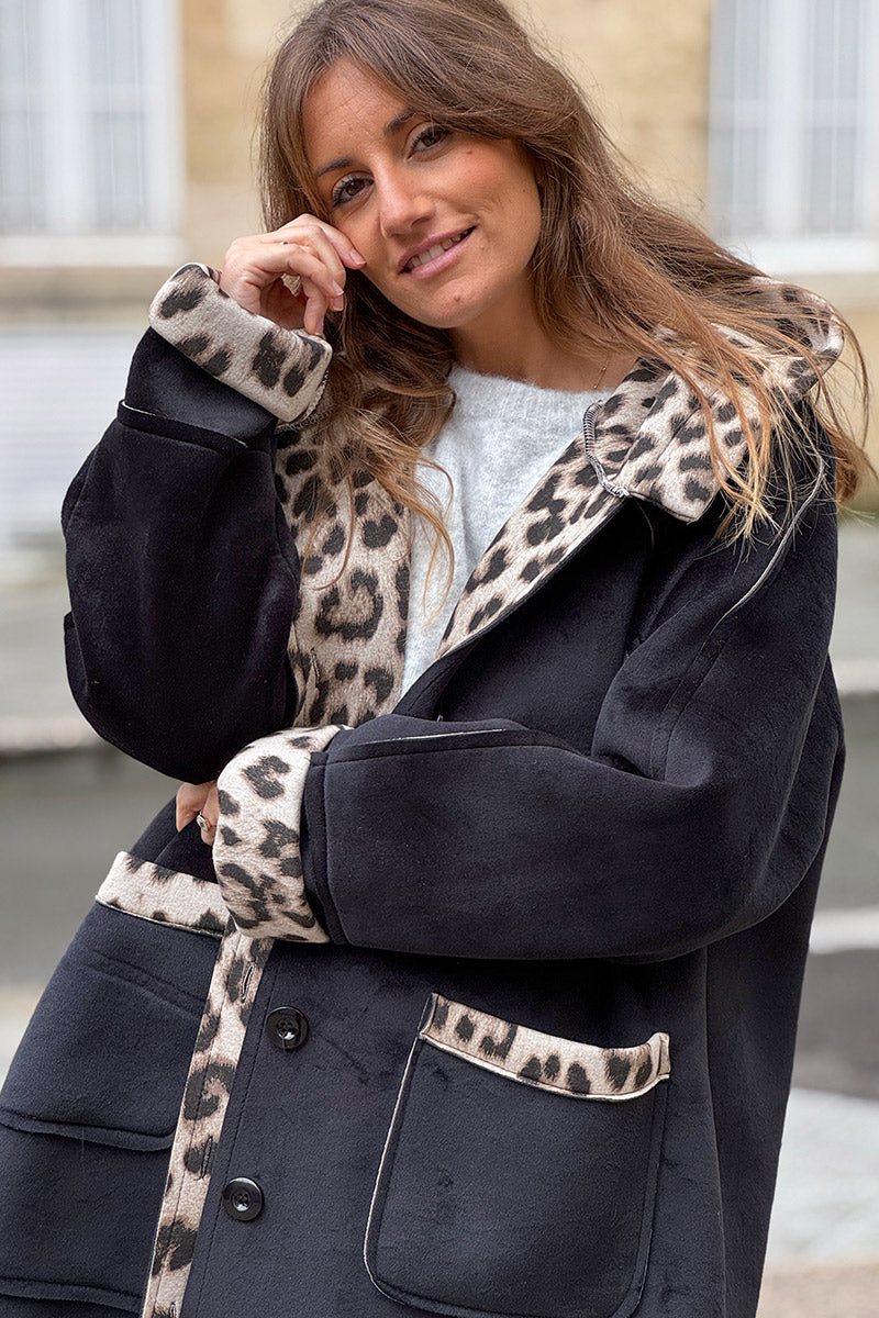 Black Velvet Hooded Jacket with Leopard Trim