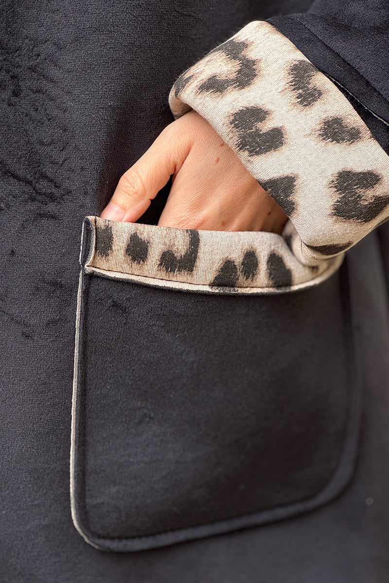 Black Velvet Hooded Jacket with Leopard Trim