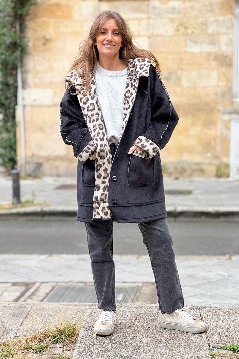 Black Velvet Hooded Jacket with Leopard Trim