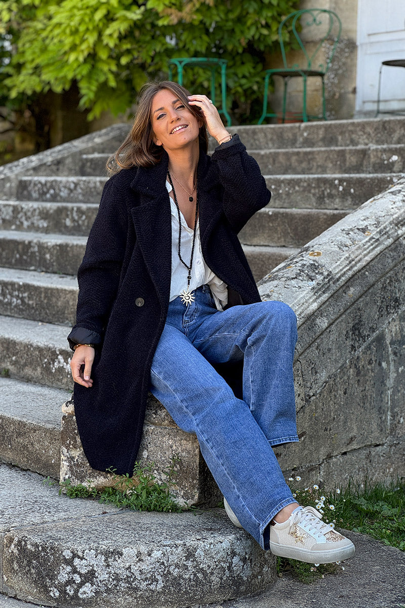 Manteau noir long et doux en maille chenille