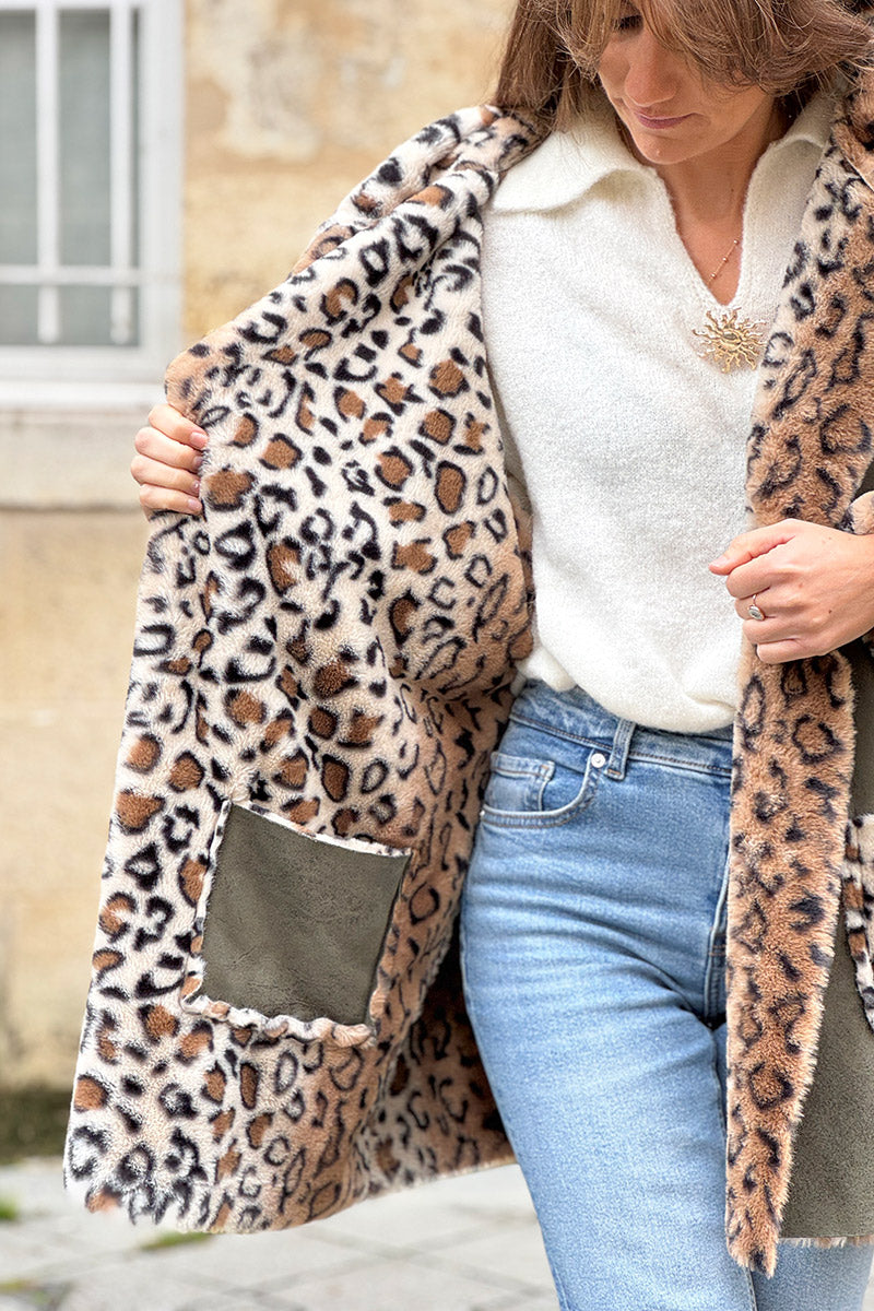 Olive Leopard Reversible Faux Fur Coat