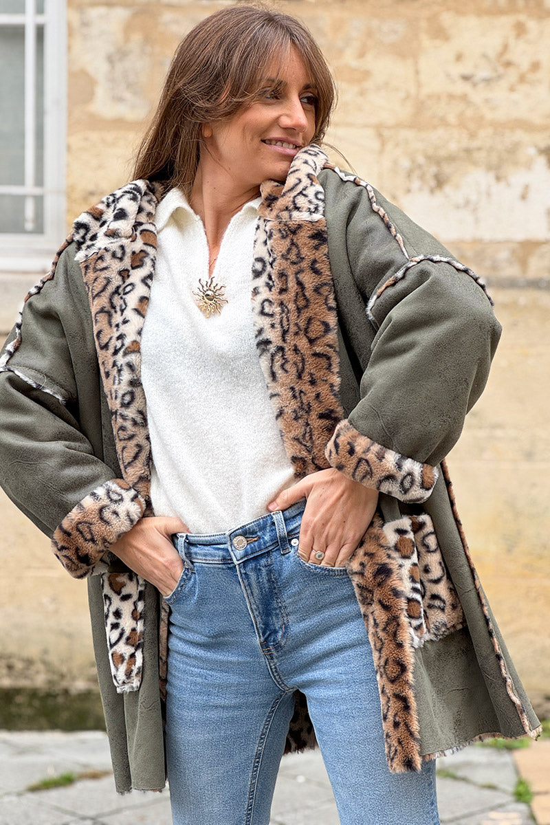 Olive Leopard Reversible Faux Fur Coat