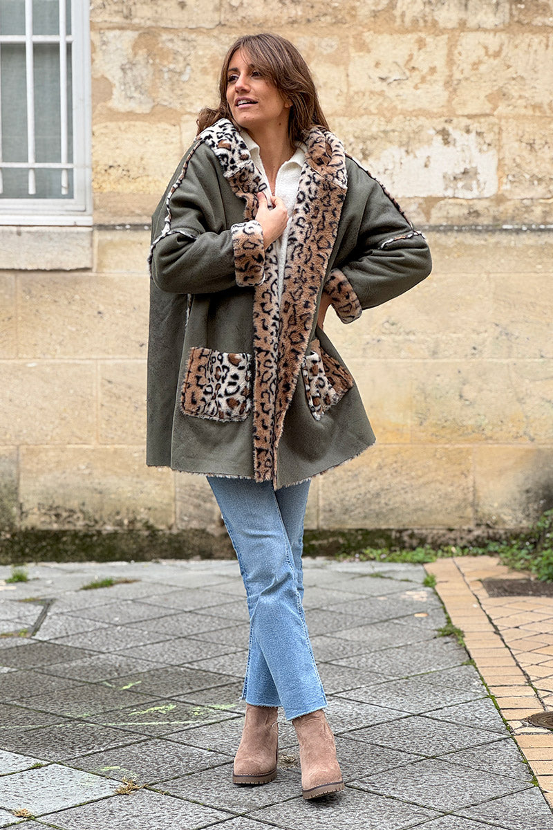 Olive Leopard Reversible Faux Fur Coat