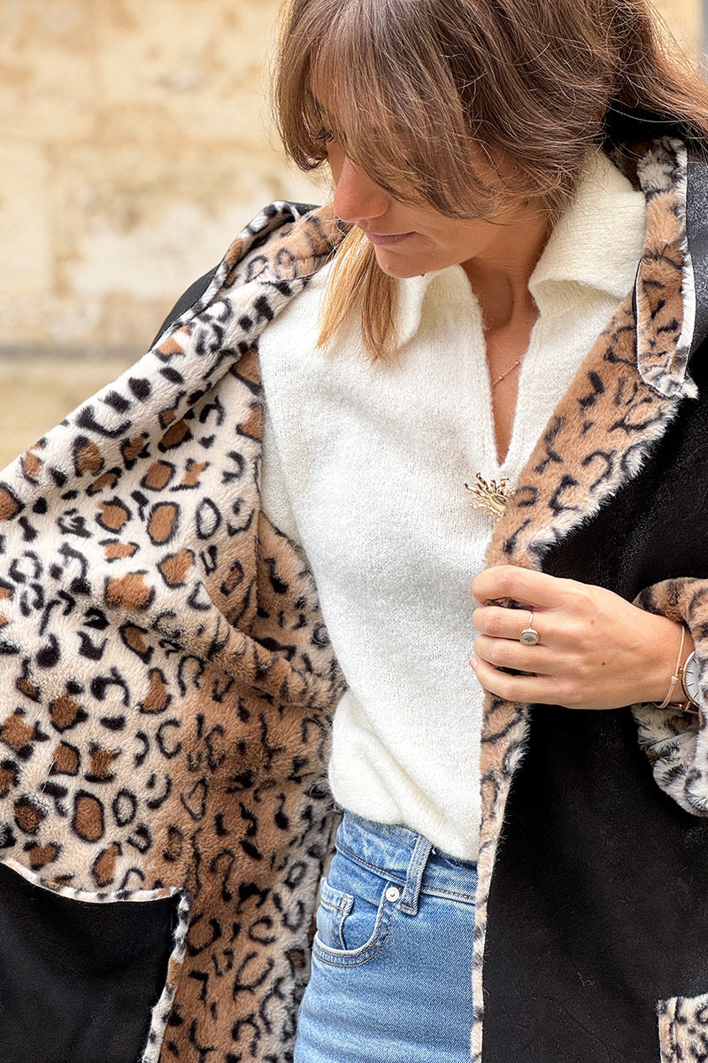 Black Leopard Reversible Faux Fur Coat