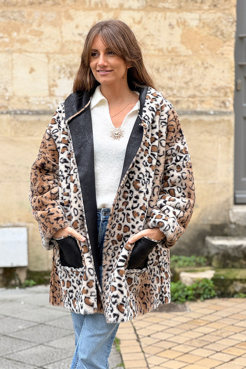 Black Leopard Reversible Faux Fur Coat
