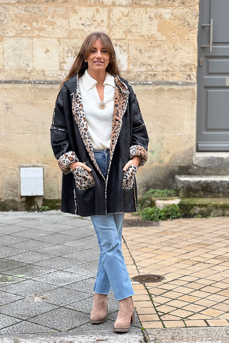 Black Leopard Reversible Faux Fur Coat