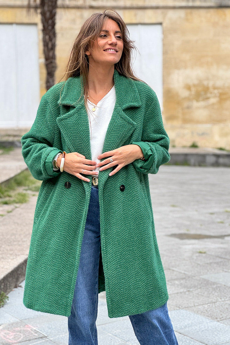 Hunter Green Herringbone Sweater Knit Peacoat