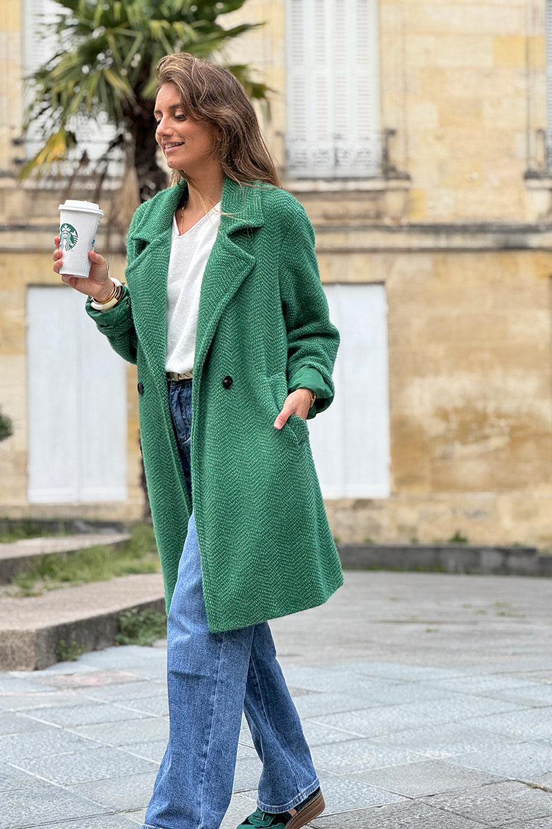 Hunter Green Herringbone Sweater Knit Peacoat