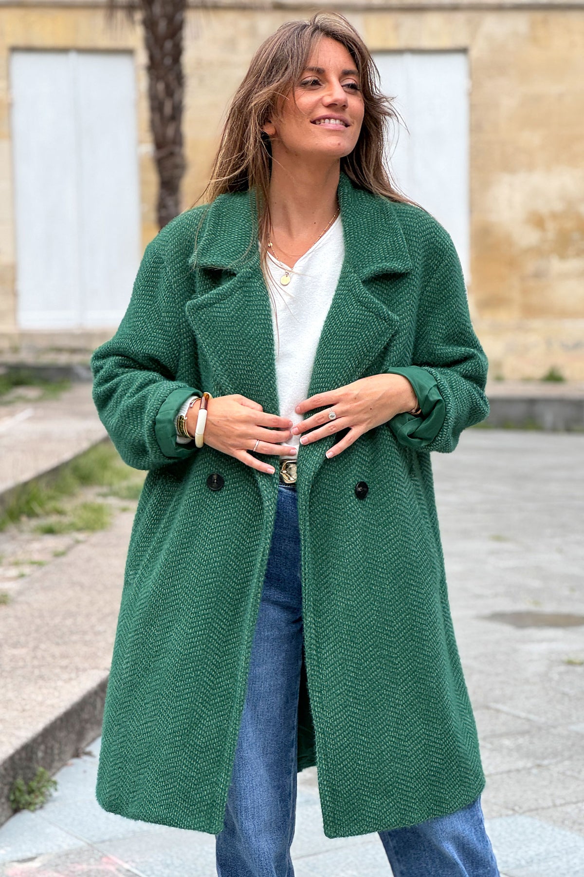 Manteau vert long et doux en maille chenille
