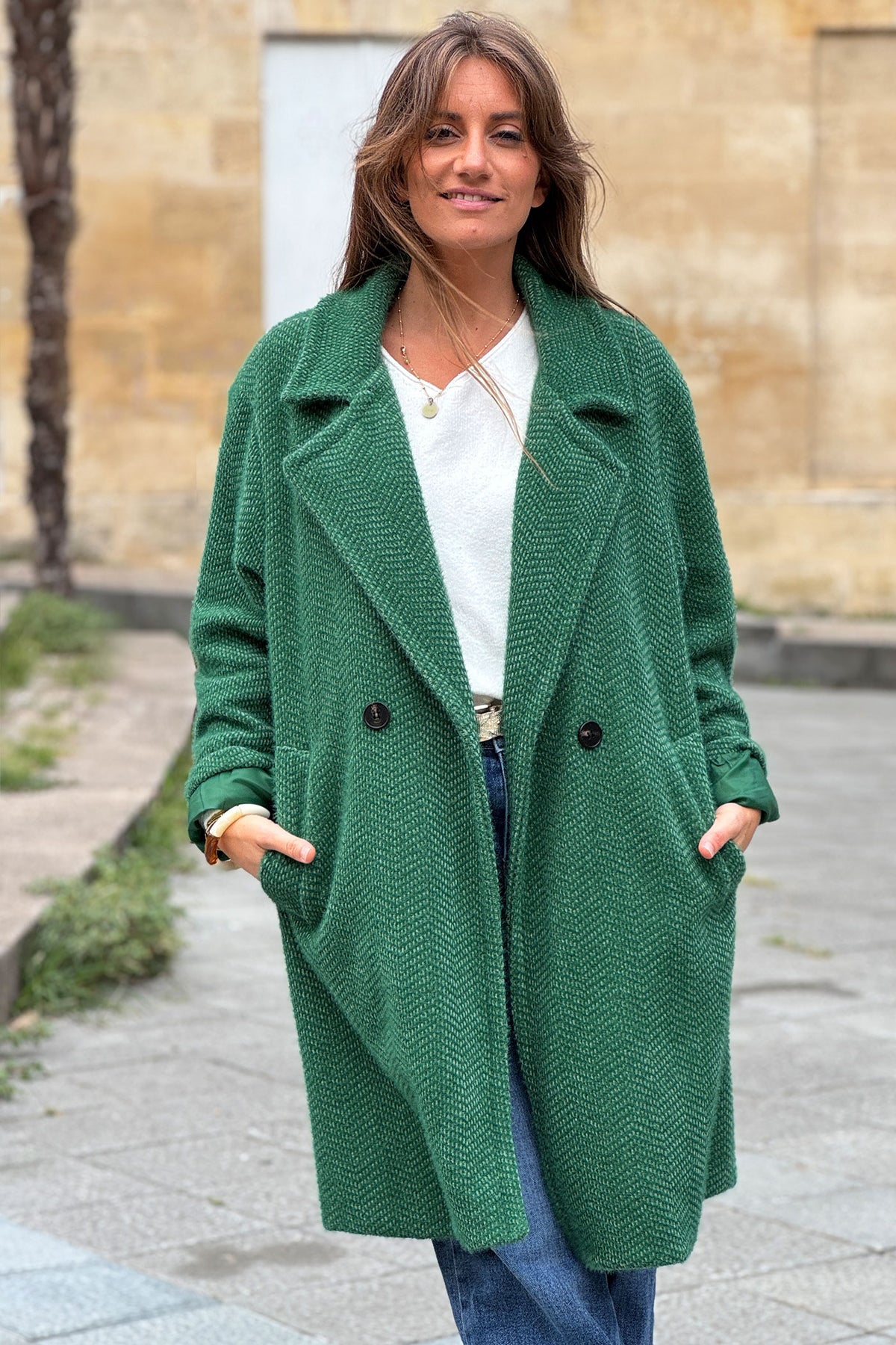 Manteau vert long et doux en maille chenille