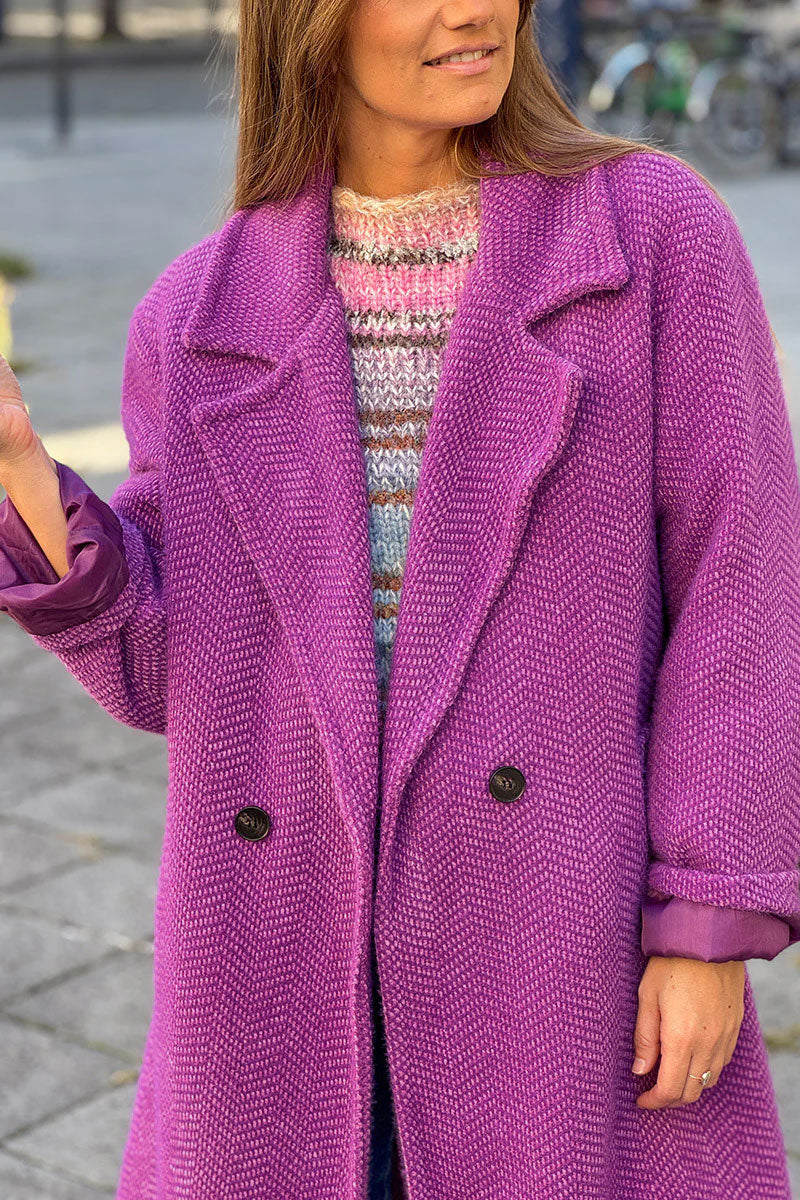 Purple Herringbone Knit Sweater Coat