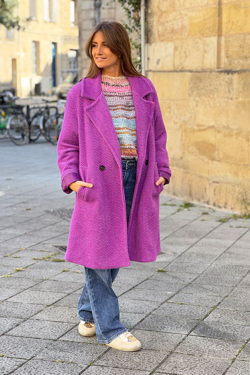 Purple Herringbone Knit Sweater Coat