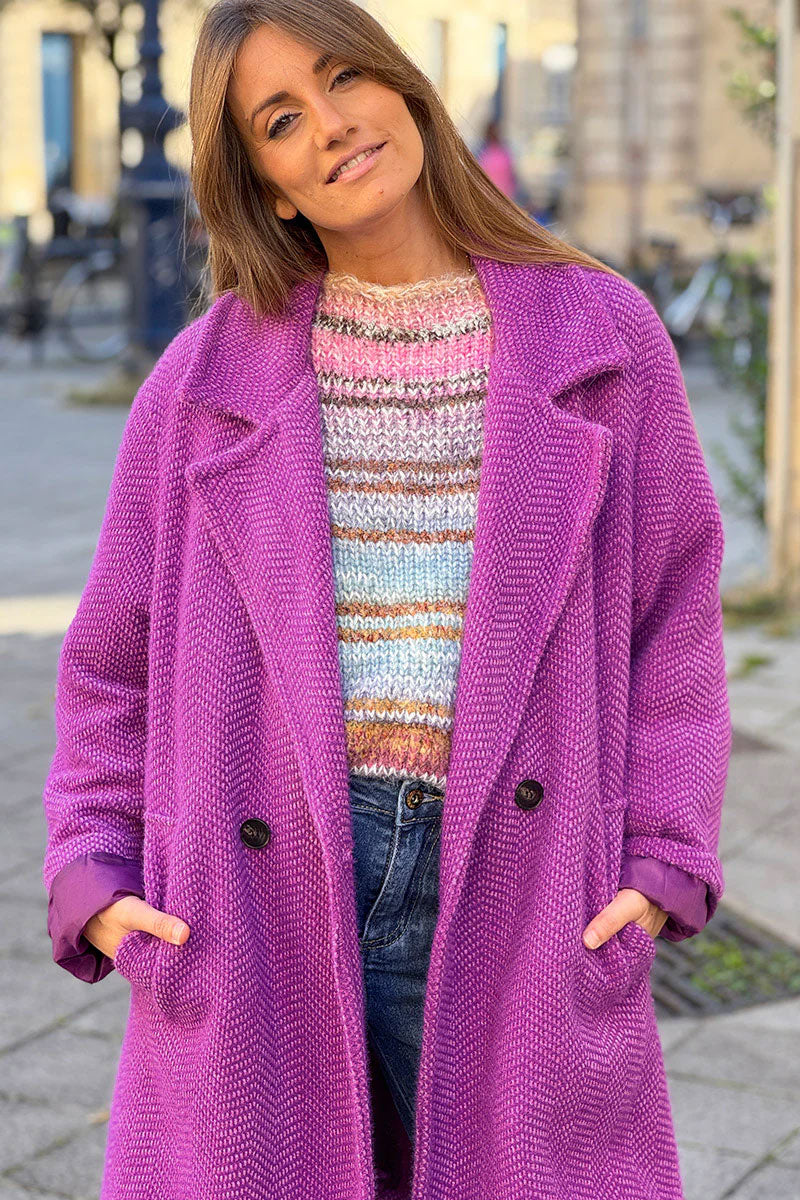 Manteau violet long et doux en maille chenille