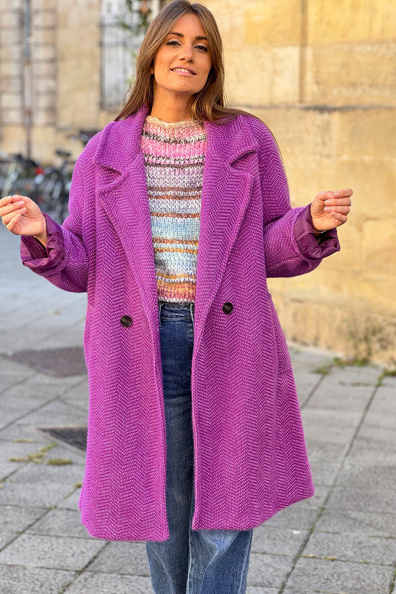 Manteau violet long et doux en maille chenille