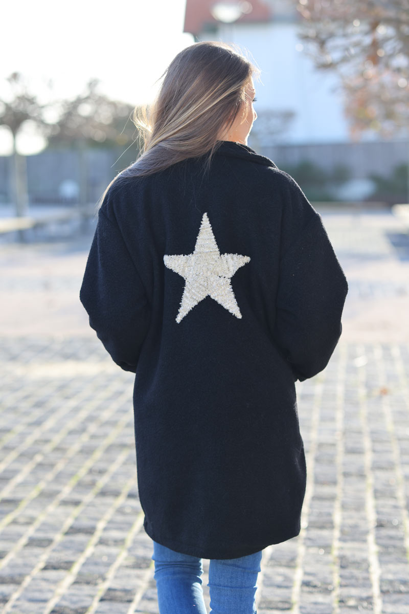 Longline boyfriend coat in black borg with large beige back star