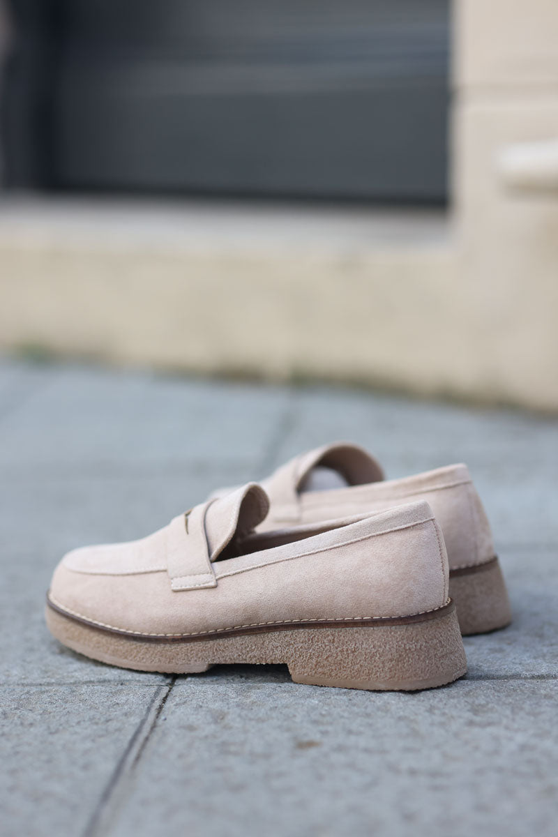 Beige suedette loafers with low heel