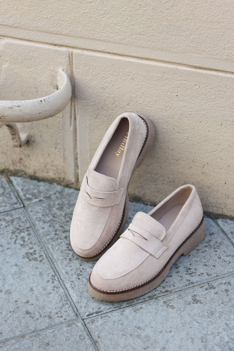 Beige suedette loafers with low heel