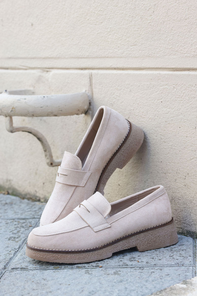 Beige suedette loafers with low heel