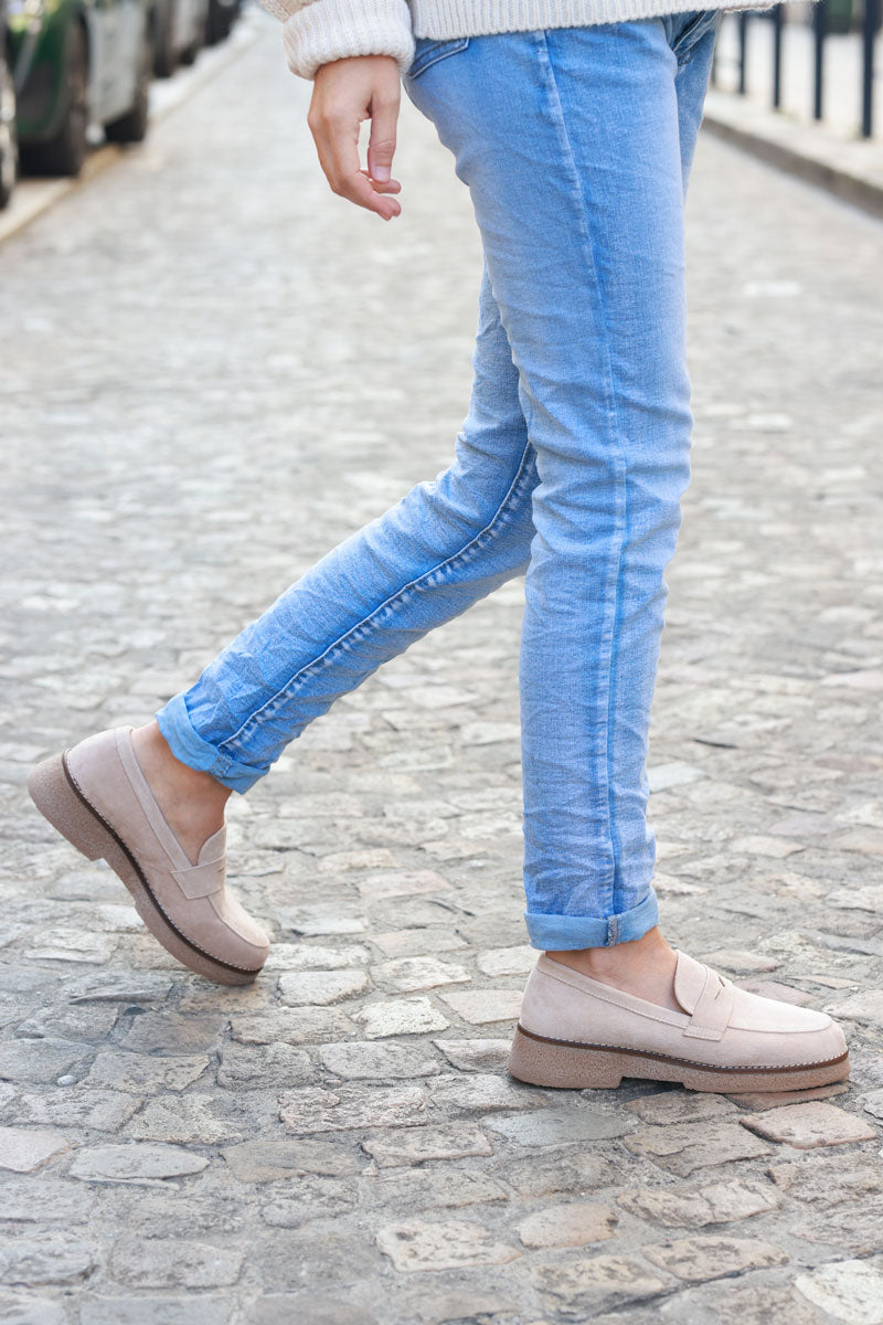 Beige suedette loafers with low heel