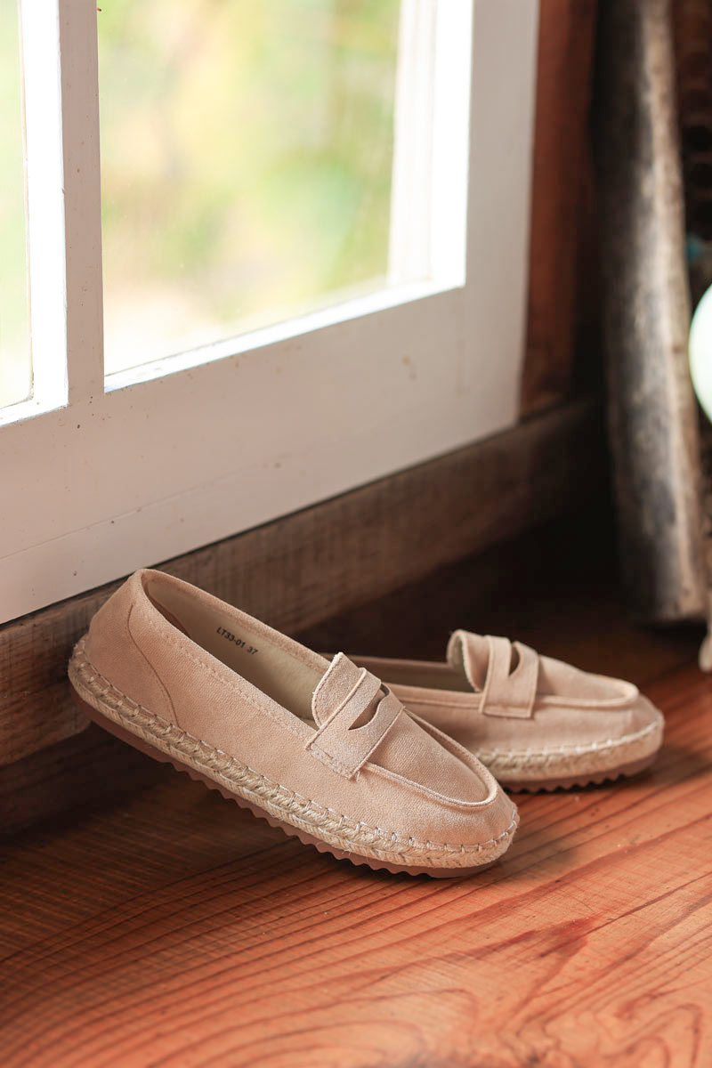 Beige suedette mules with espadrille style sole