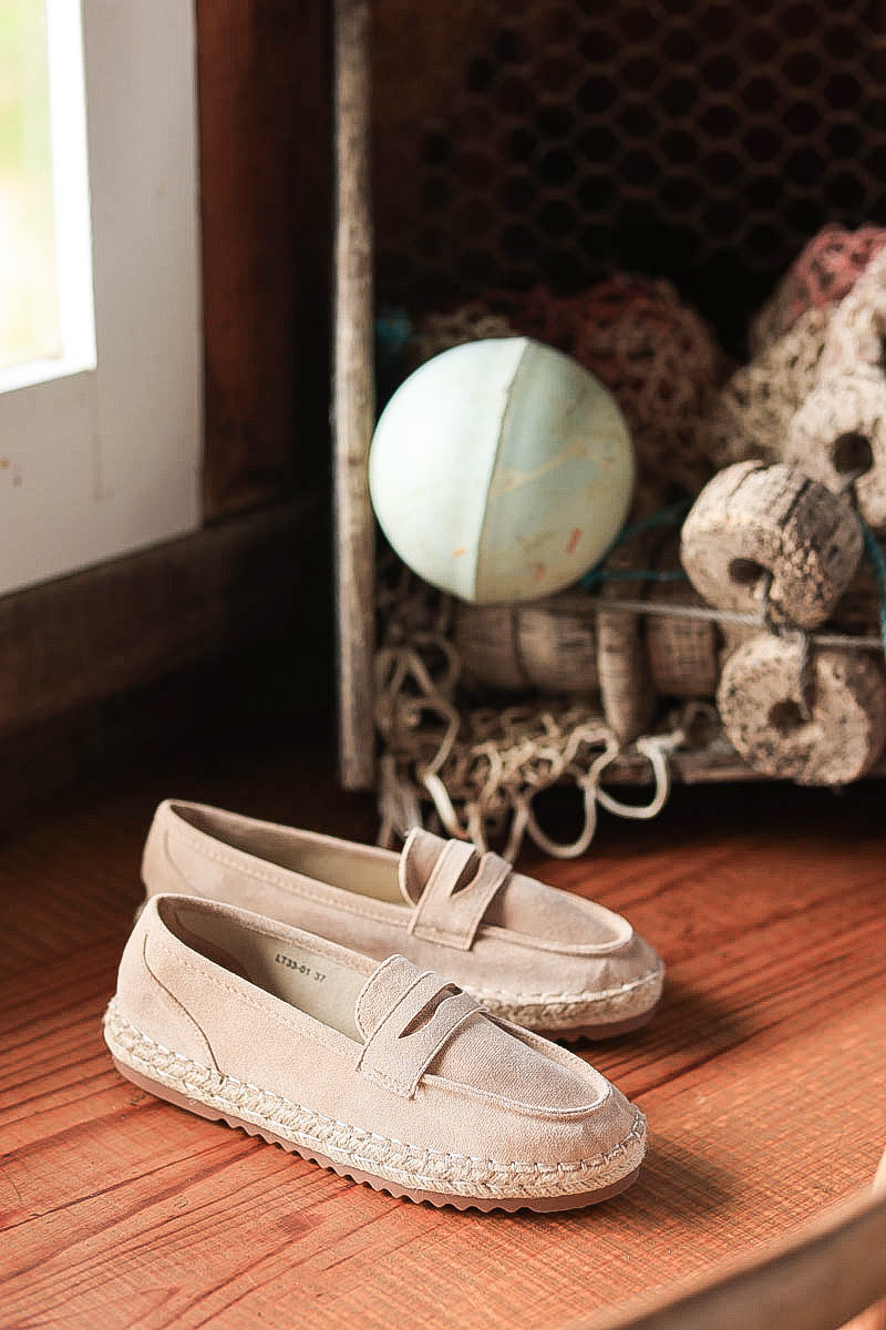 Beige suedette mules with espadrille style sole