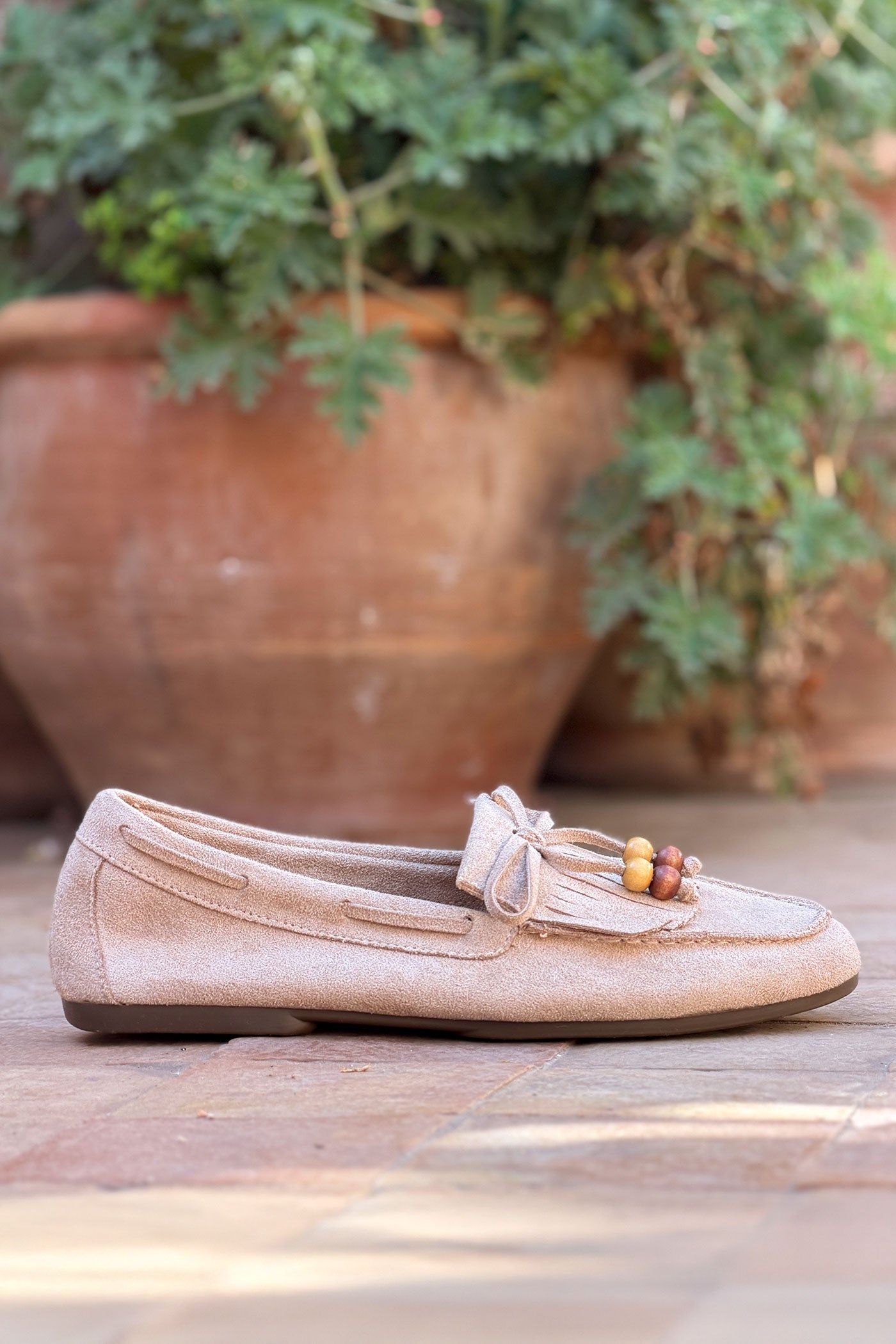 Beige Suede Moccasins 
