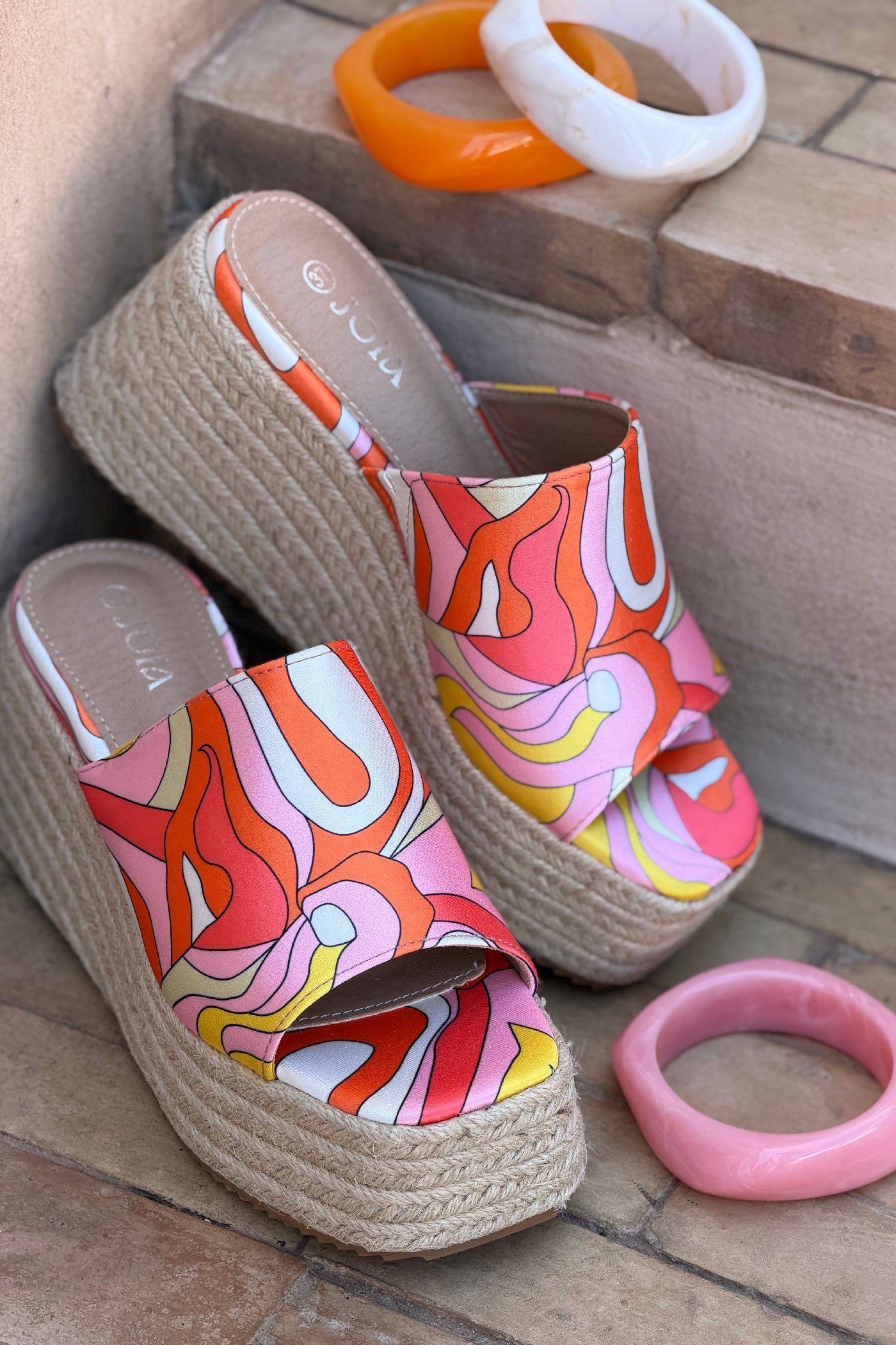 Mules compensées en corde bride large tissu imprime psychédélique colore